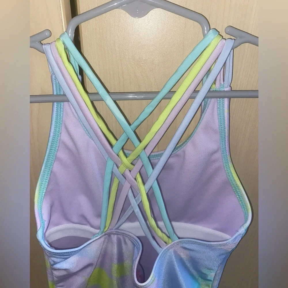 Justice Girls Tie Dye Graphic One Piece Swimsuit S 7/8 Strappy Back